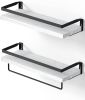 Floating bathroom shelf with towel rail; bathroom/living/kitchen/bedroom wall shelf set of 2; light brown; dark brown; black. - White