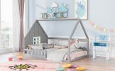 Full Size Wood House Bed with Window and Fence - Gray