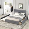 Queen Upholstered Platform Bed with Twin Size Trundle and Two Drawers - Grey