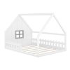 Full Size Wood House Bed with Window and Fence - White