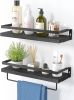 Floating bathroom shelf with towel rail; bathroom/living/kitchen/bedroom wall shelf set of 2; light brown; dark brown; black. - Black